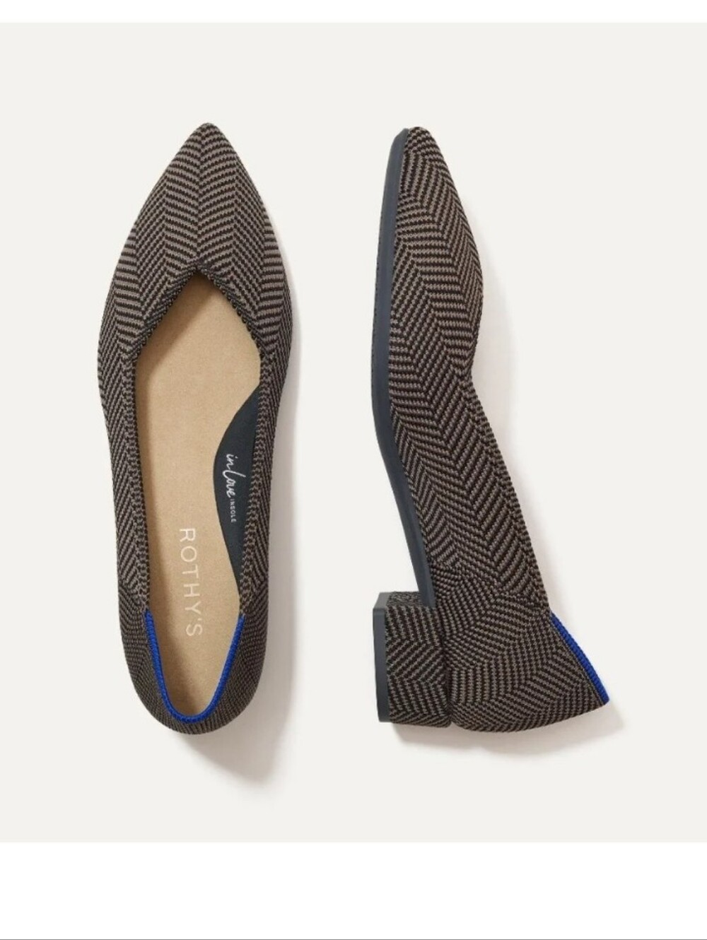 Rothy's Pointed Toe Herringbone Flat in Black and Tan with Blue Trim